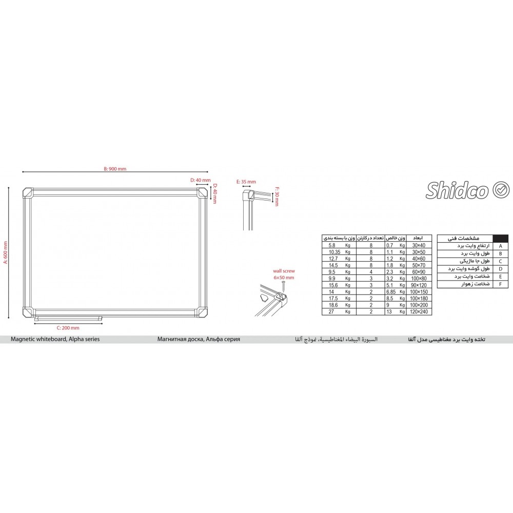 تخته وایت برد مغناطیسی آلفا 120*90 شیدکو