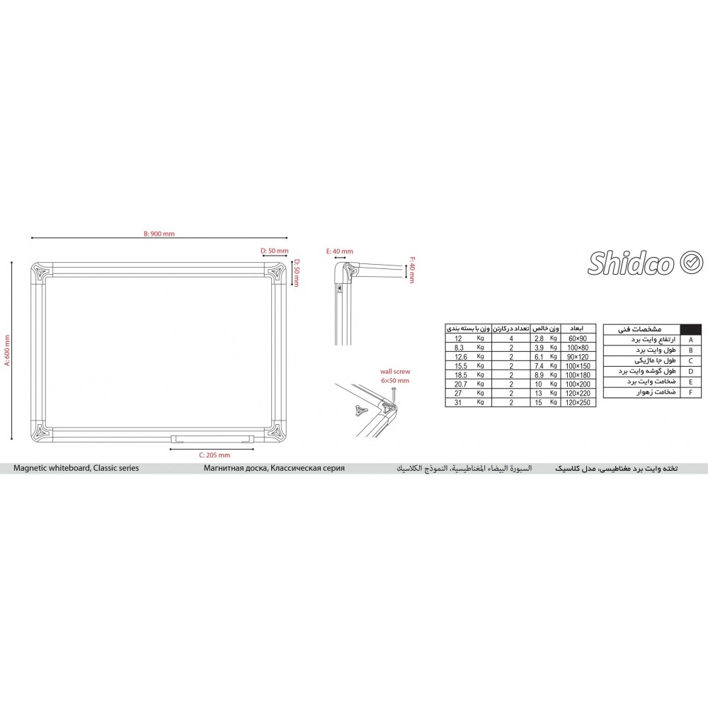 تخته وایت برد مغناطیسی کلاسیک 150*100 شیدکو